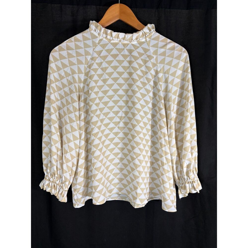 Worthington Blouse M Beige Ivory Geometric Print Ruffle Neck Long Sleeve